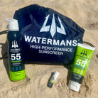 The Beach Kit contents, Watermans Dry Spray SPF 55 and Hydro Lite SPF 55