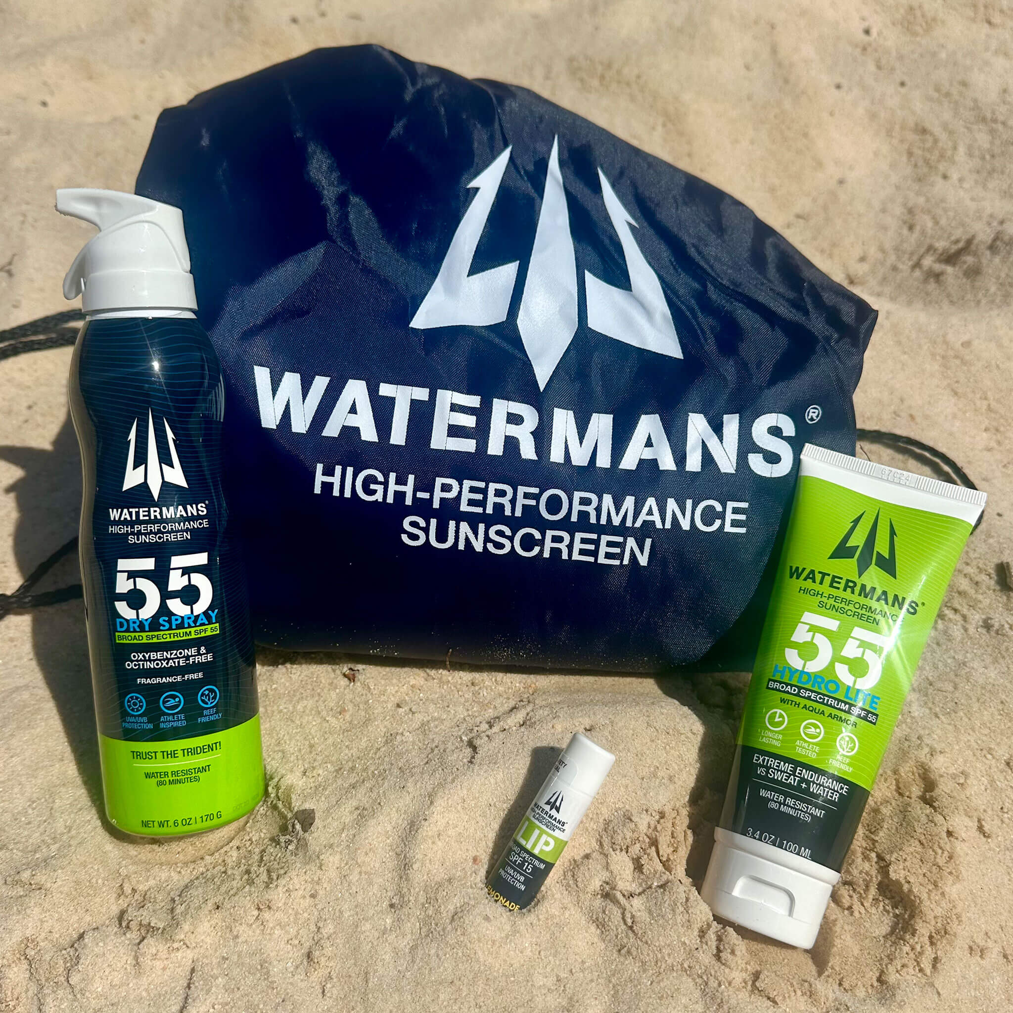 The Beach Kit contents, Watermans Dry Spray SPF 55 and Hydro Lite SPF 55