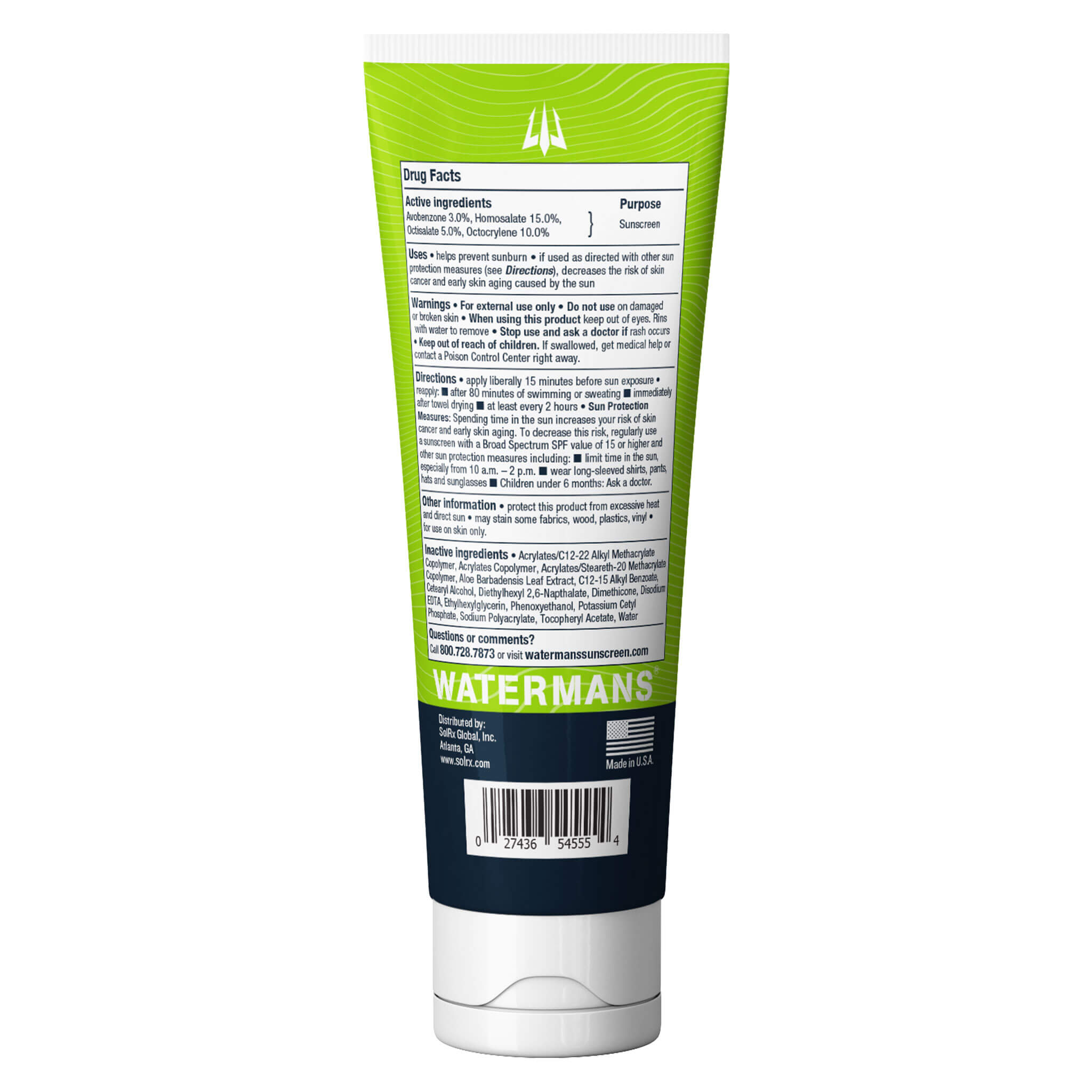 Watermans Hydro Lite SPF 55 Drug Facts panel and ingredients